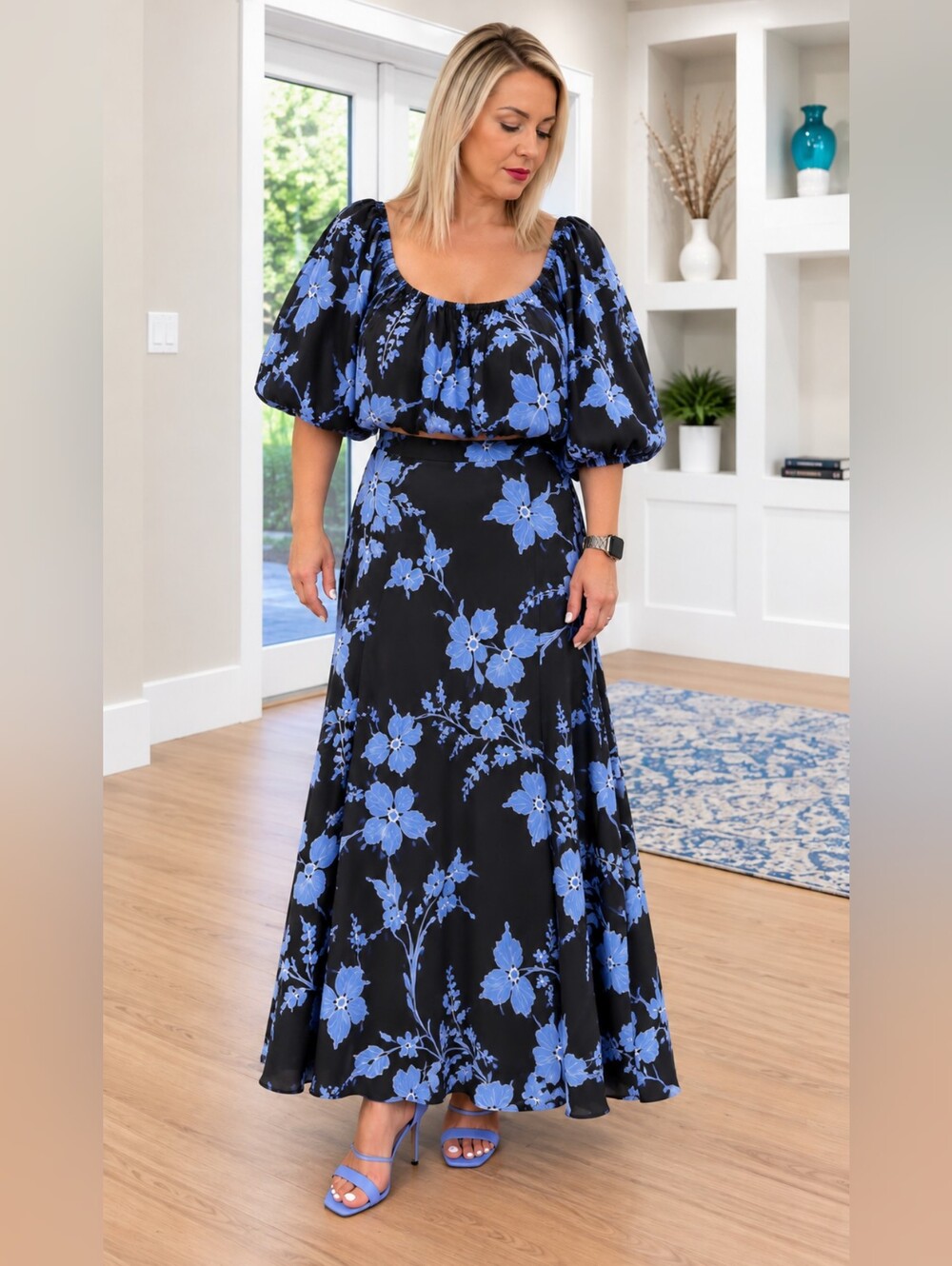 Calypso St. Barth Black Maxi Skirt Set with Blue Floral Print